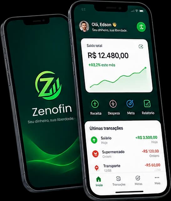 Dois celulares com o aplicativo do Zenofin aberto, mostrando saldo total e últimas transações