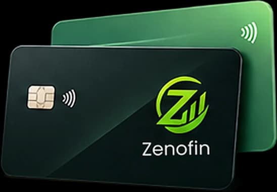 Dois cartões de crédito do Zenofin, um preto e um verde, com chip e pagamento por aproximação
