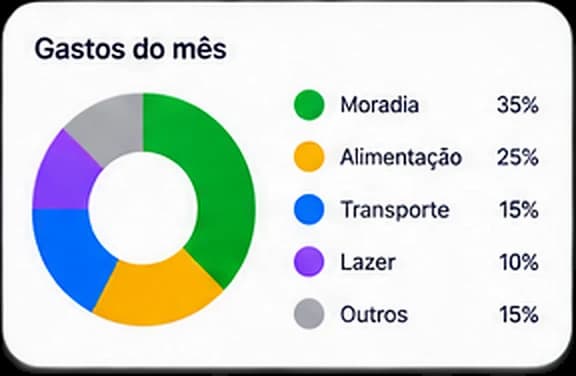 Gráfico de rosca com os gastos do mês divididos por categoria, com moradia em 35%