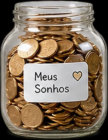 Pote de vidro cheio de moedas, com etiqueta escrita Meus Sonhos