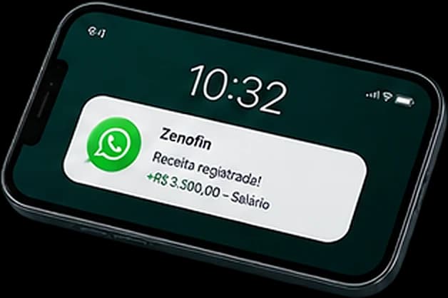 Celular exibindo notificação do WhatsApp de uma receita de R$ 3.500,00 de salário registrada