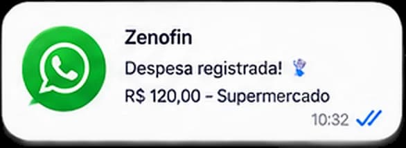 Notificação do WhatsApp com uma despesa de R$ 120,00 no supermercado registrada pelo Zenofin