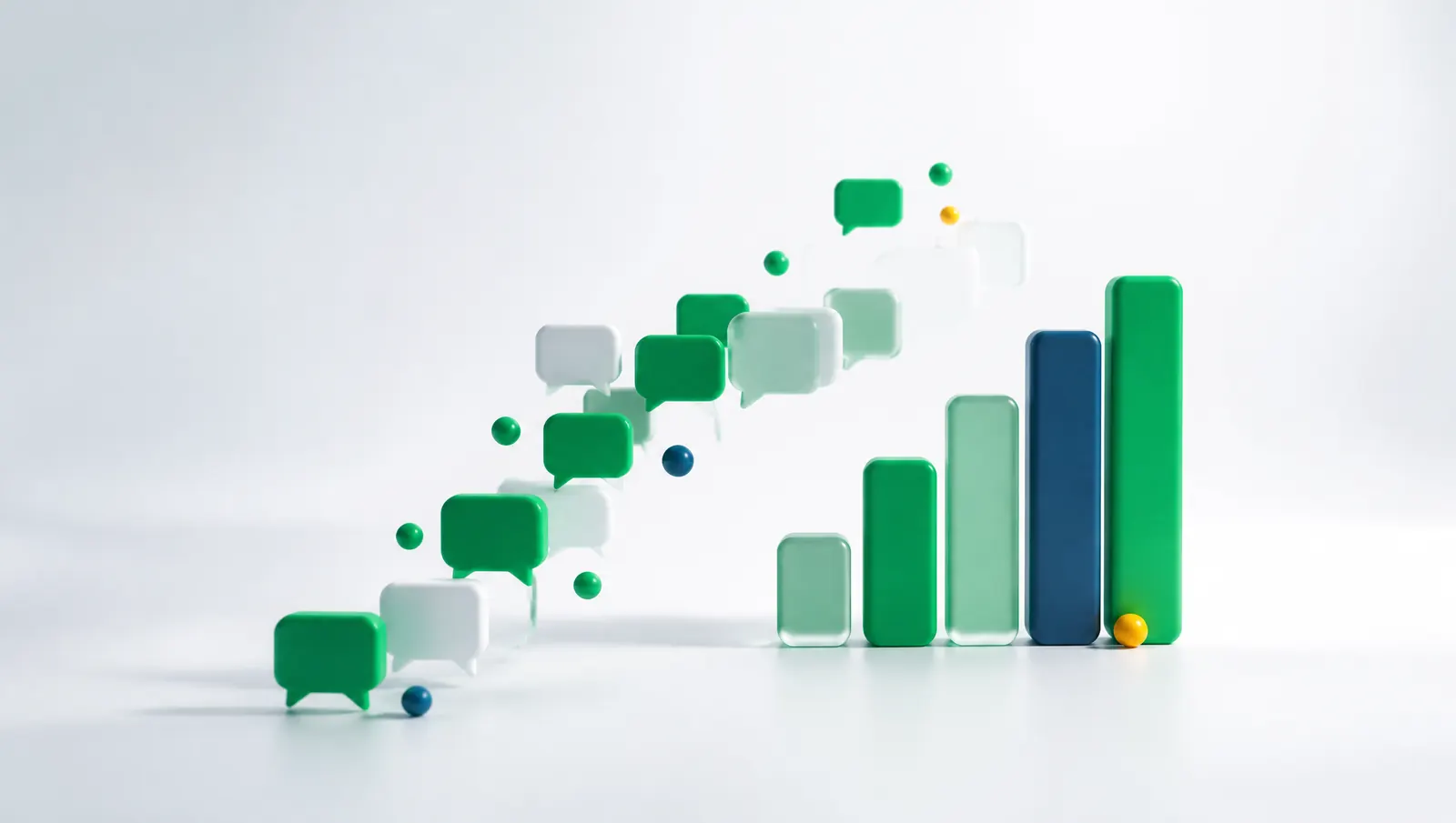 Balões de conversa verdes e brancos subindo em sequência até virarem um gráfico de barras