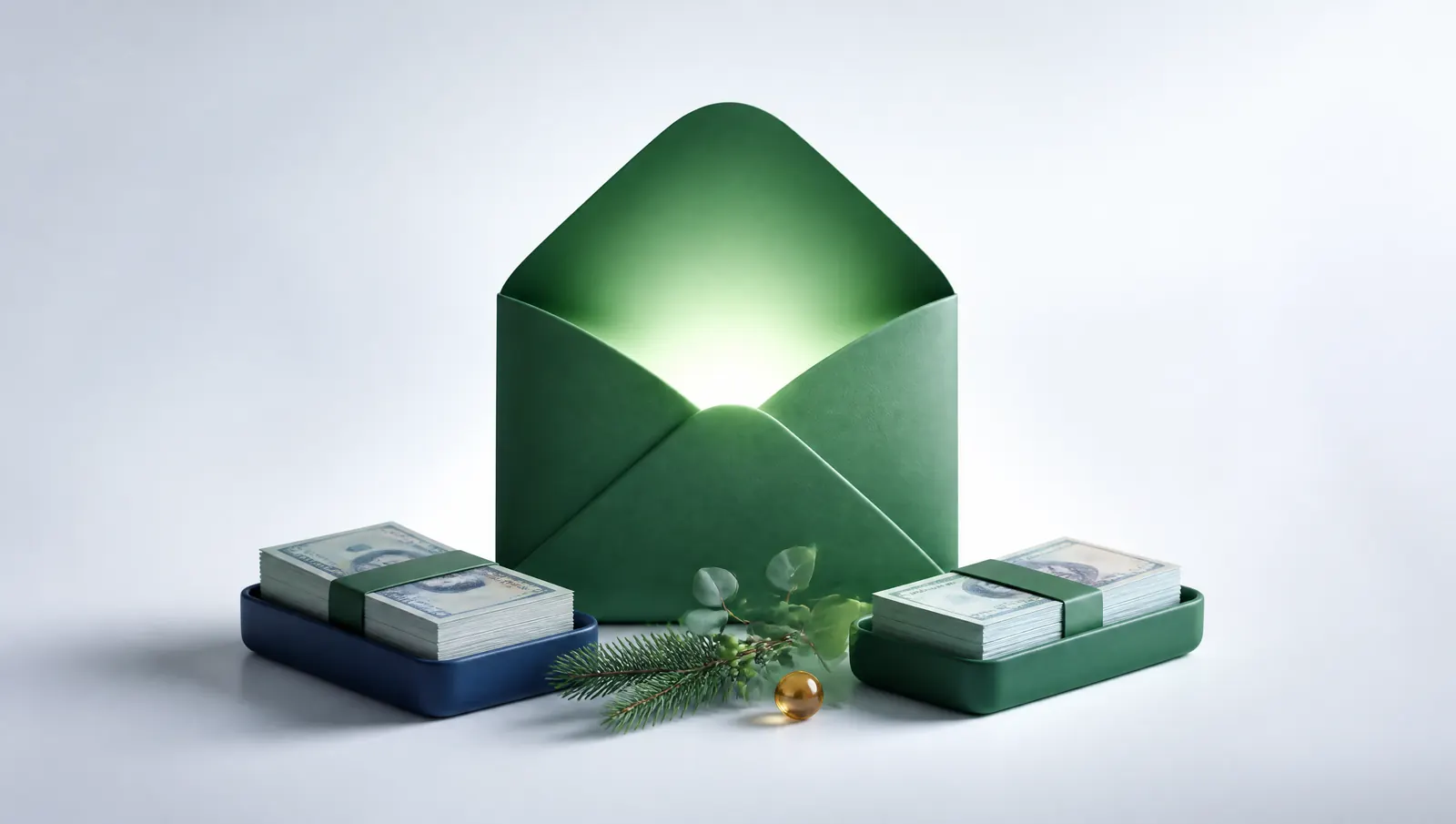 Envelope verde se abrindo com brilho, entre duas bandejas com maços de dinheiro separados