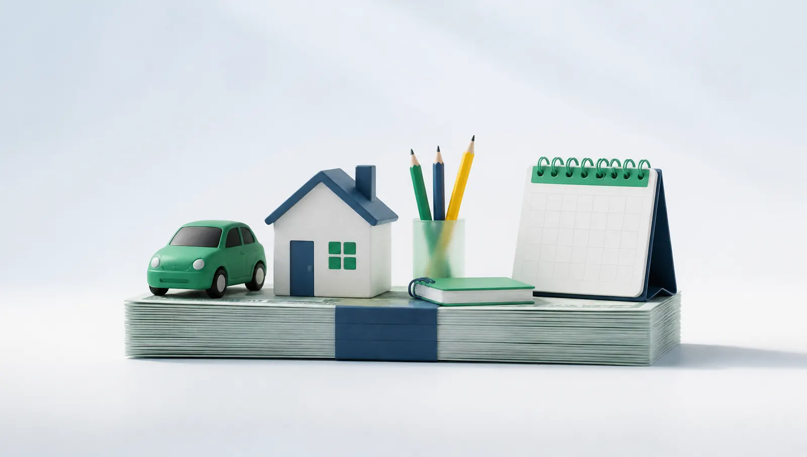 Carrinho de brinquedo, casinha, lápis e calendário de mesa enfileirados sobre uma pilha de contas